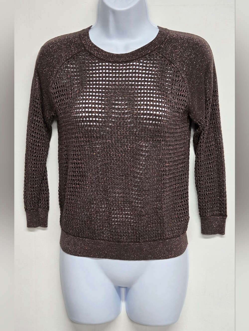 Express XS Open Knit Top Brown Metallic 3/4 Sleeve Crew Neck